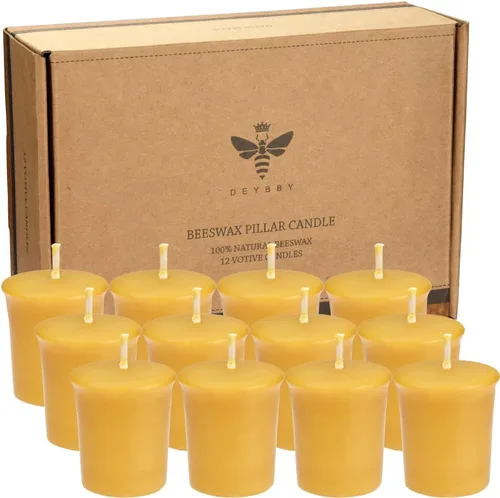 Vista 9 de Velas votivas de cera de abeja pura, paquete de 4 votivas naturales para decoración del hogar, habitación, fiesta, boda, spa, 12 horas de combustión