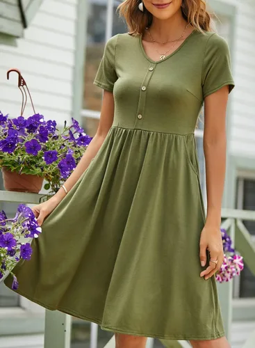 Vista 2 de YATHON - Vestidos de verano para mujer con mangas, de algodón, con cuello en V, botones y bolsillos, de corte acampanado, estilo casual