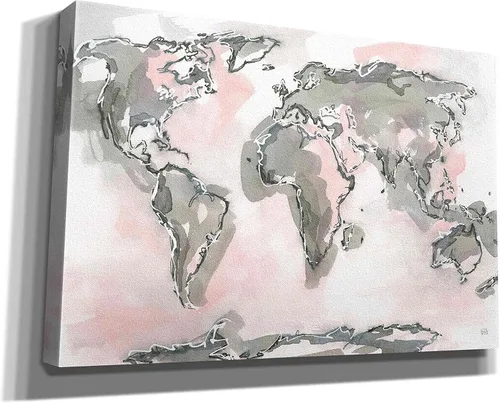 Vista 2 de Epic Graffiti 'World Map Blush' por Chris Paschke, lienzo de arte de pared Giclée, 18 x 12 pulgadas