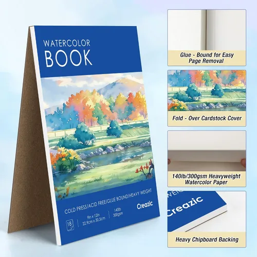 Vista 8 de Bloc de papel de acuarela de 9 x 12 pulgadas (140 libras/300 gsm) – Cuaderno de bocetos para artistas sin ácidos, papel pesado prensado en frío