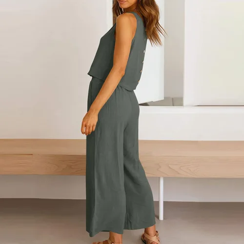 Vista 7 de Ganfancp Conjunto de 2 piezas para mujer, de verano, casual, de algodón, lino, sin mangas, con botones en la espalda, pantalones de pierna ancha