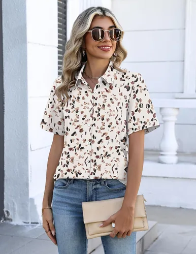 Vista 2 de Zeagoo Camisas con botones para mujer, de manga corta, cuello en V, elegantes y casuales