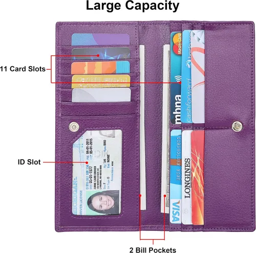 Vista 3 de Lavemi Cartera de cuero ultradelgada para mujer con bloqueo RFID, soporte para tarjetas de crédito plegable, billetera larga de dama