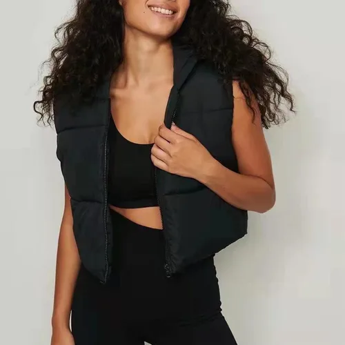 Vista 5 de Hixiaohe Chaleco corto de invierno para mujer, acolchado, ligero, con cuello alto, con cremallera, sin mangas