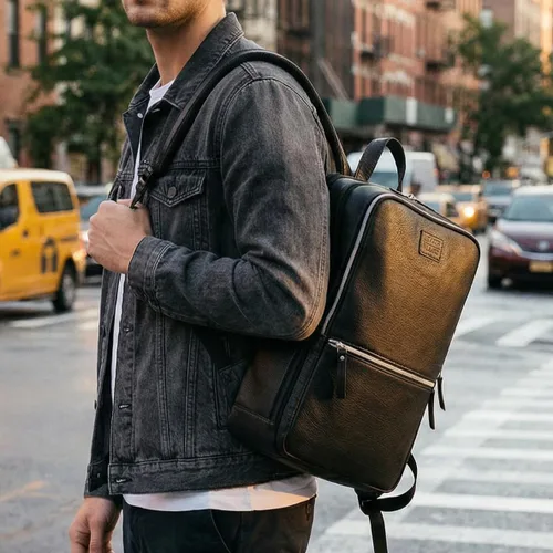 Vista 2 de LEATHER VILLAGE Mochila de cuero para hombre Bolsa de negocios profesional delgada que se adapta a mochila de trabajo y viaje de 15.6 pulgadas