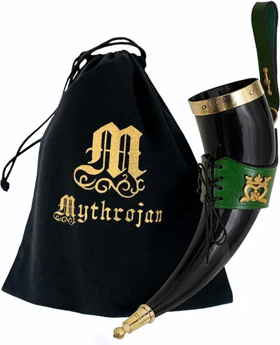 Vista 28 de Mythrojan Cuerno vikingo para beber 100% natural, auténtico, decoración de latón, cuerno nórdico con funda de cuero negro, bolsa de lona para vino