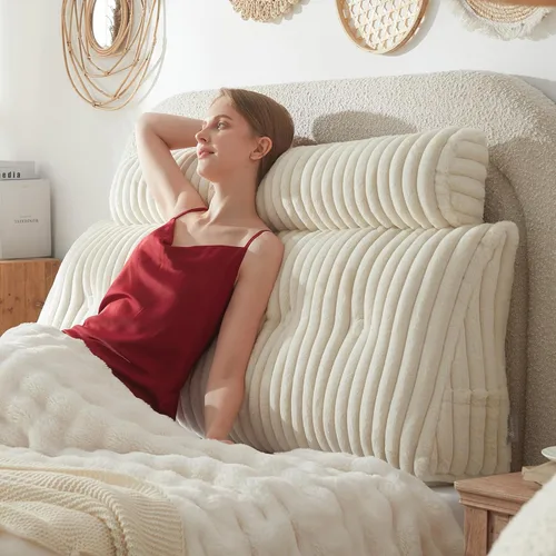 Vista 9 de Almohada de cabecero + Una almohada larga de cuello enrollado Almohada para el cuerpo, almohada de cuña de cabecero de pelo sintético con funda Beige