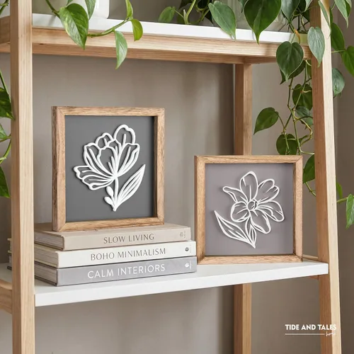 Vista 6 de Tide and Tales Arte de pared floral botánico 3D (juego de 2 marcos) listo para colgar, decoración bohemia ligera para paredes, decoraciones Naturales