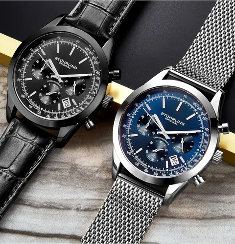 Vista 3 de Stuhrling Original Chronograph Mens Watch Analog Watch Dial with Date - Tachymeter, Leather or Mesh Band
