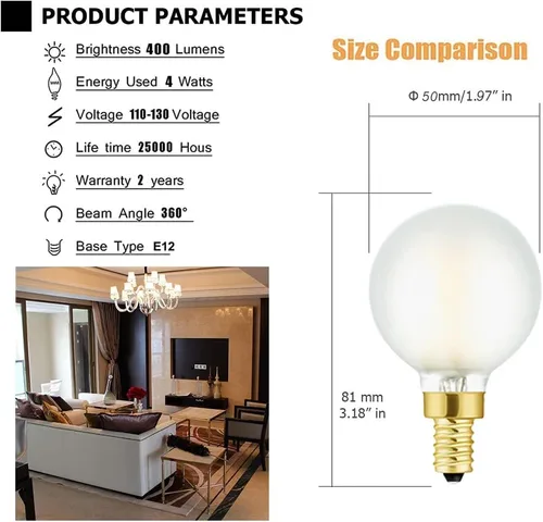 Vista 3 de Leools Bombillas LED esmeriladas E12, bombillas de candelabro regulables de 40 W, 2700 K, blanco cálido, G16.5, 4 W, E12 g50, globo vintage 4 W = 40