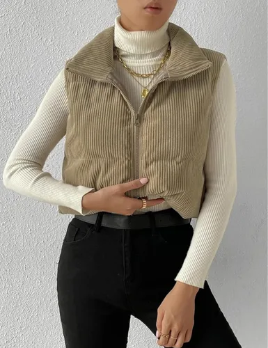 Vista 4 de Gihuo Chaleco acolchado de pana para mujer, con cuello alto, con cremallera, acolchado, sin mangas, chaleco