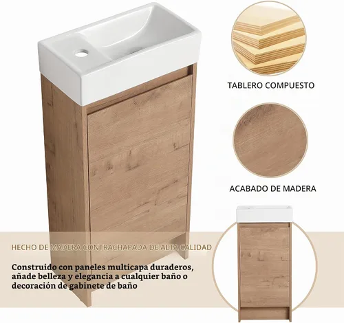 Vista 6 de Tocador de baño pequeño de 16 pulgadas con lavabo, tocador de baño independiente de 16" para espacios pequeños, gabinete de madera contrachapada