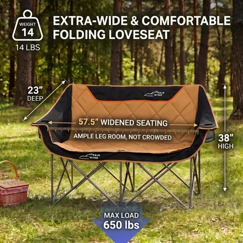 Vista 3 de FAIR WIND Silla de Camping Completamente Acolchada de Gran Tamaño Sofá Plegable de Dos Plazas Sofá de Campamento Silla Doble Duo Silla de Brazo
