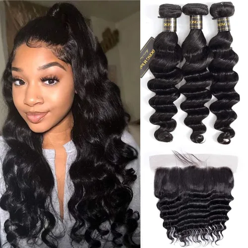 Vista 9 de Mechones de cabello suelto con ondas profundas peruanas con cierre, (16"18"20"+14Cierre) Extensiones de cabello peruano virgen 8A con mechones