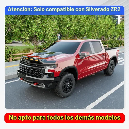 Vista 5 de Protector de capó con luz LED compatible con Chevy Silverado 1500 2019-2026, deflector de capó negro brillante de tres secciones, protector de luz