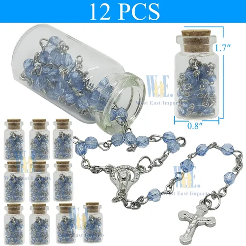 Vista 2 de Sudopo Bautismo Favor (12PCS) Rosario de la Santa Comunión en tarro de botella de vidrio Recuerdos de Bautizo Quinceañera Perla Azul Bautizo