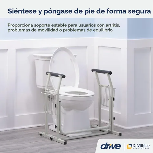 Vista 2 de Raíl de seguridad Drive Medical para inodoro, color blanco. Freestanding Design Supports Users Up to 300 Pounds with Sturdy Grab Bar for Added