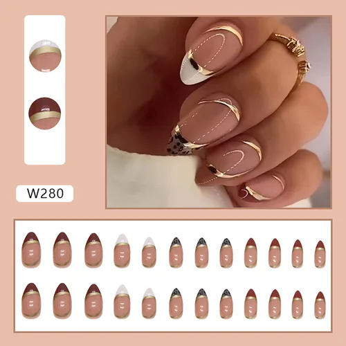 Vista 4 de Uñas postizas cortas francesas en forma de almendra con diseño de línea dorada y estampado de leopardo, uñas artificiales acrílicas de cobertura