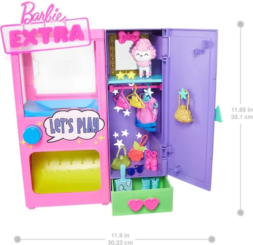 Vista 3 de Barbie Juego de moda extra sorpresa con 20 piezas, incluyendo caniche para mascotas, armario y función de botón que dispensa accesorios de moda