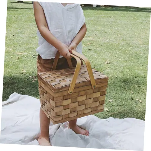 Vista 2 de Cesta de compras de madera, cesta de picnic vintage con tapa, cesta de mimbre de frutas con tapa, cesta de almacenamiento de juguetes, arreglos