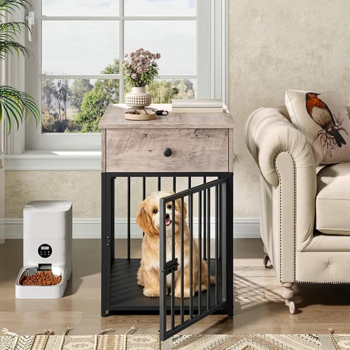 Vista 3 de HOOBRO Muebles de jaula para perros, casa de madera para perros, perrera decorativa con cajón, mesa auxiliar de jaula de interior para perros