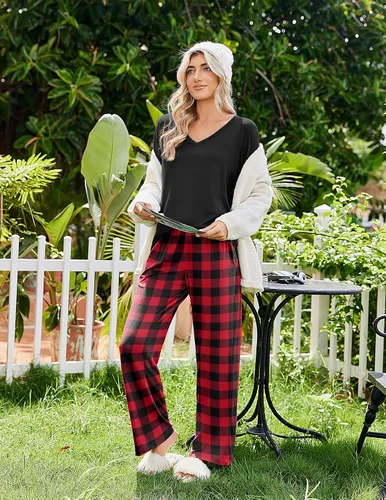 Vista 7 de Ekouaer Conjunto de 2 pijamas para mujer, pijamas de manga larga con camiseta y pantalones, cuello en V, pijamas suaves con bolsillos, ropa