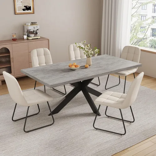 Vista 27 de ZckyCine Juego de mesa de comedor extensible de 6 piezas, moderna mesa de madera gris de 63 a 79 pulgadas con 6 sillas de tela gris, mesa de comedor
