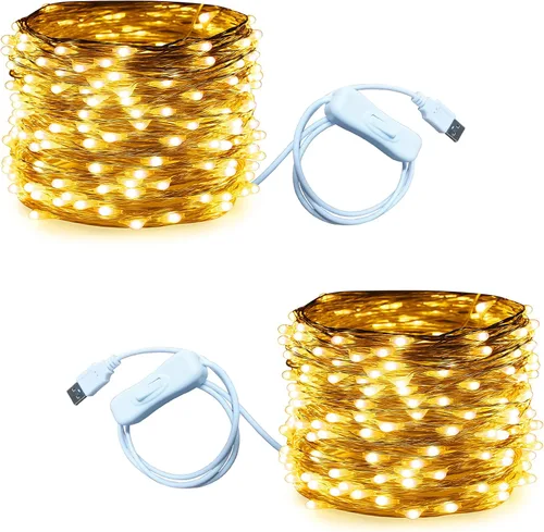 Vista 21 de RUICHEN Guirnalda de luces USB de 33 pies, 100 luces LED con interruptor de encendido/apagado (blanco cálido, paquete de 2)