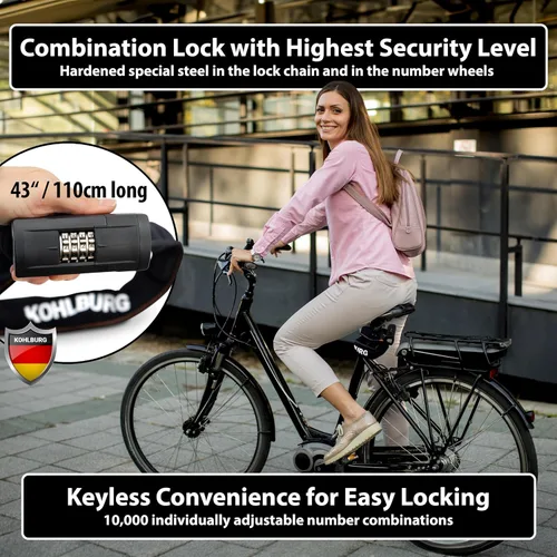 Vista 2 de KOHLBURG - Candado combinado resistente para bicicleta [vendido oro seguro] 43 pulgadas de largo Maximum Security – Anti Theft Bike Chain Lock