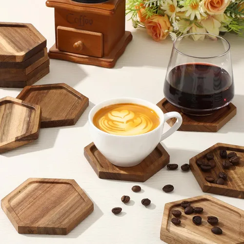 Vista 4 de Zhehao 16 posavasos de madera de acacia de 4 pulgadas a granel, hexagonal