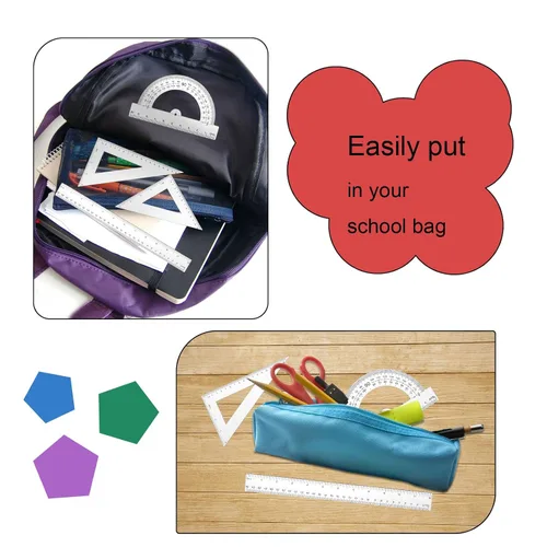 Vista 4 de Thinp El juego de reglas de 4 piezas incluye regla recta de 12 pulgadas, regla triangular y transportadora, herramienta de geometría matemática