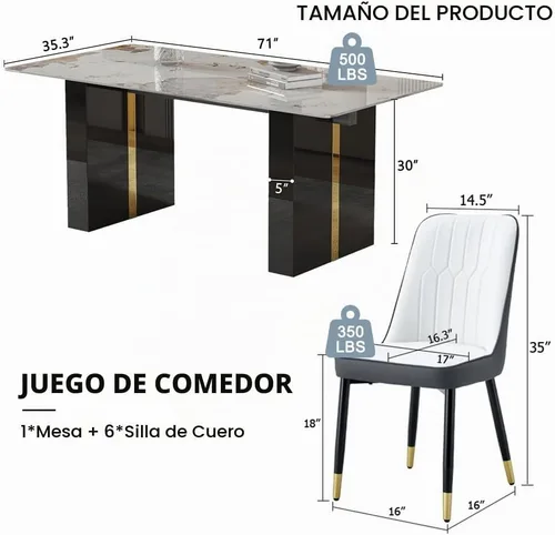 Vista 3 de Juego de mesa de comedor de cocina de 71 pulgadas para juego de mesa de comedor de 6 piezas, mesa de comedor de mármol sintético y sillas de piel