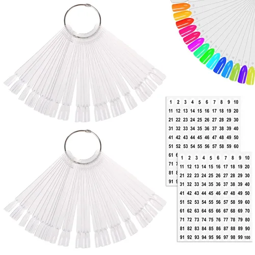 Vista 9 de 50 barras de muestra de uñas con anillo y puntas numeradas, pantalla transparente en forma de abanico para práctica de esmalte de uñas
