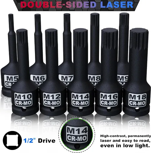 Vista 2 de 1/2" Drive Master Juego de llaves de impacto XZN, 10 piezas: M5 - M18, acero Cr-Mo, caja de almacenamiento resistente
