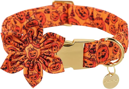 Vista 6 de Collar de Halloween para perro con flor, collar de flores de algodón de calabaza para cachorros, hembras, perro o gato, collar de flores