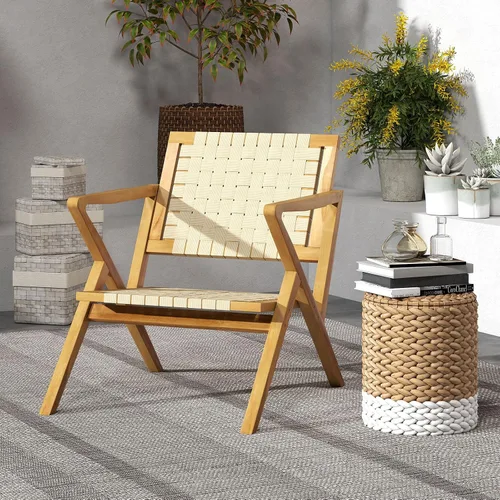 Vista 2 de Tangkula Silla de comedor de madera de teca para exteriores, sillón rústico de madera para patio con asiento y respaldo de cincha, para sala