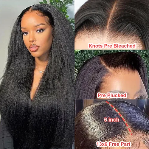 Vista 2 de Pelucas de cabello humano con encaje frontal sin pegamento para mujer, 13 x 6 pulgadas, nudos preblanqueados, peluca de cabello humano Yaki, encaje