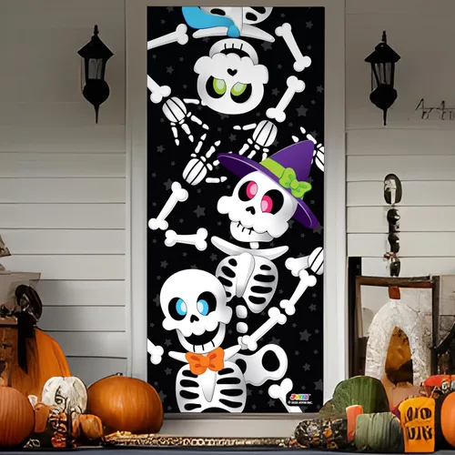 Vista 9 de JOYIN Cubierta de puerta de 30 x 72 pulgadas, decoración de Halloween de esqueleto, decoración del hogar, calcomanías de casa encantada, suministros