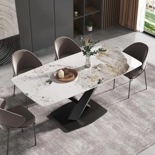 Vista 14 de Mesa de comedor moderna, mesa de comedor de piedra sinterizada blanca antigua con base de acero al carbono sólido en forma de X, mesa de comedor