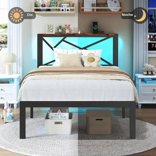 Vista 8 de DynJest Marco de cama de metal tamaño individual con luces LED, cabecera con almacenamiento y estación de carga, moderna cama de plataforma