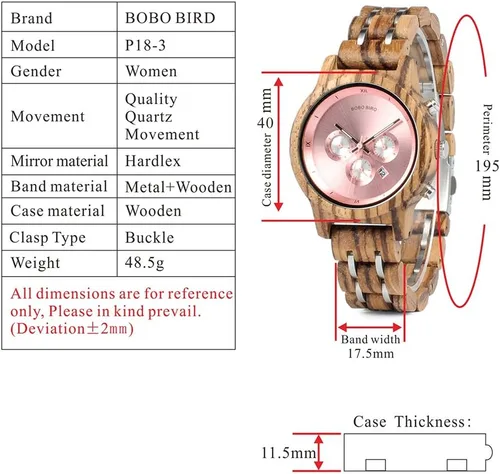 Vista 2 de BOBO BIRD Relojes de madera para mujer, correa de metal de madera de lujo, cronógrafo y visualización de fecha, reloj de cuarzo, moda de cebra