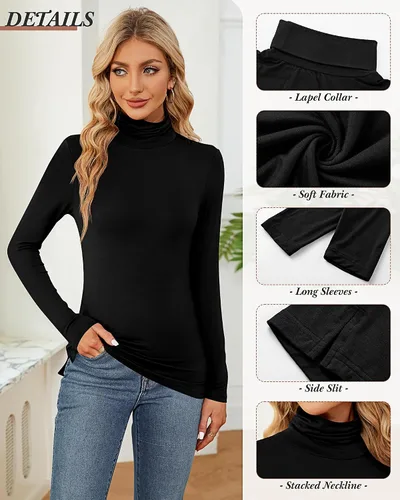 Vista 5 de Ficerd Paquete de 2 camisas de cuello alto para mujer, manga larga, cuello alto, ajustadas, suaves, elásticas, térmicas, básicas, sin botones