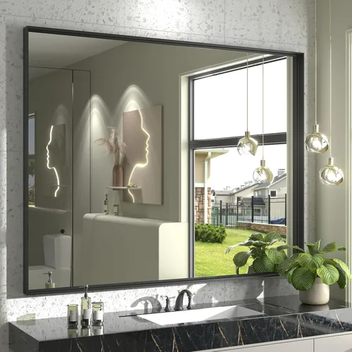 Vista 108 de Paquete de 2 espejos de baño con marco de metal negro de 22 x 30 pulgadas, espejo rectangular redondeado negro mate, antioxidante, se cuelga
