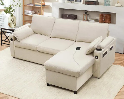 Vista 7 de Sofá cama extraíble 2 en 1 sofá cama seccional sofá en forma de L con almacenamiento Sofás convertibles para sala de estar, puertos de carga USB