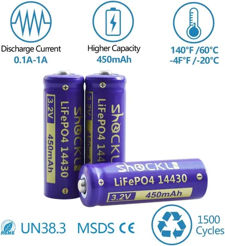 Vista 2 de Shockli 14430 - Batería solar recargable LiFePo4 de 3.2 V 450 mAh para luz solar de paisaje, más corta que AA!