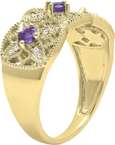 Vista 2 de Anillo de compromiso de oro amarillo de 14 quilates con piedras preciosas redondas y diamantes blancos para mujer.