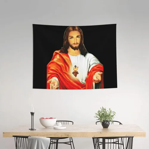 Vista 2 de Tapiz de corazón sagrado de Jesús para colgar en la pared de la sala de estar, decoración de pared de tapices