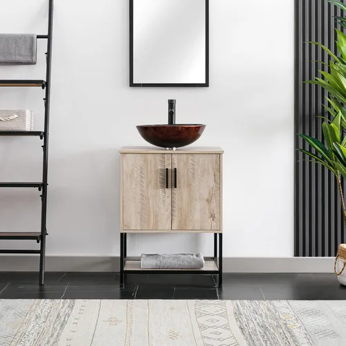 Vista 17 de eclife Lavabo de tocador de baño de 24 pulgadas, gabinete de metal moderno con estante inferior, fregadero azul para barco y grifo de ahorro de agua