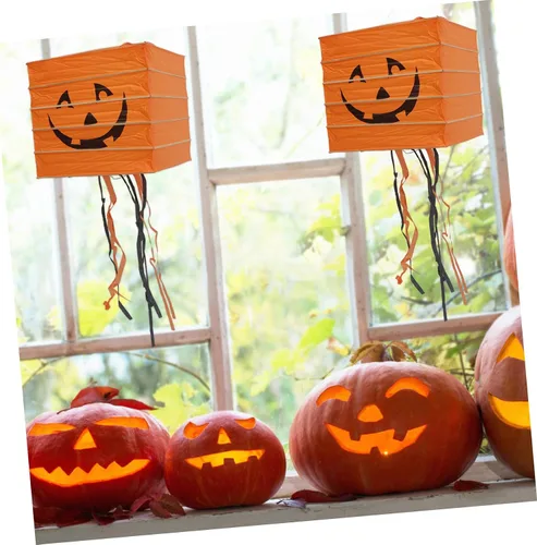 Vista 3 de ABOOFAN 2 linternas de calabaza de papel, luces LED, faroles de Halloween, decoraciones fáciles de colgar para ambiente de fiesta