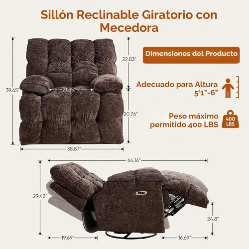 Vista 2 de Sillón reclinable giratorio de gran tamaño para grandes y altos Marrón